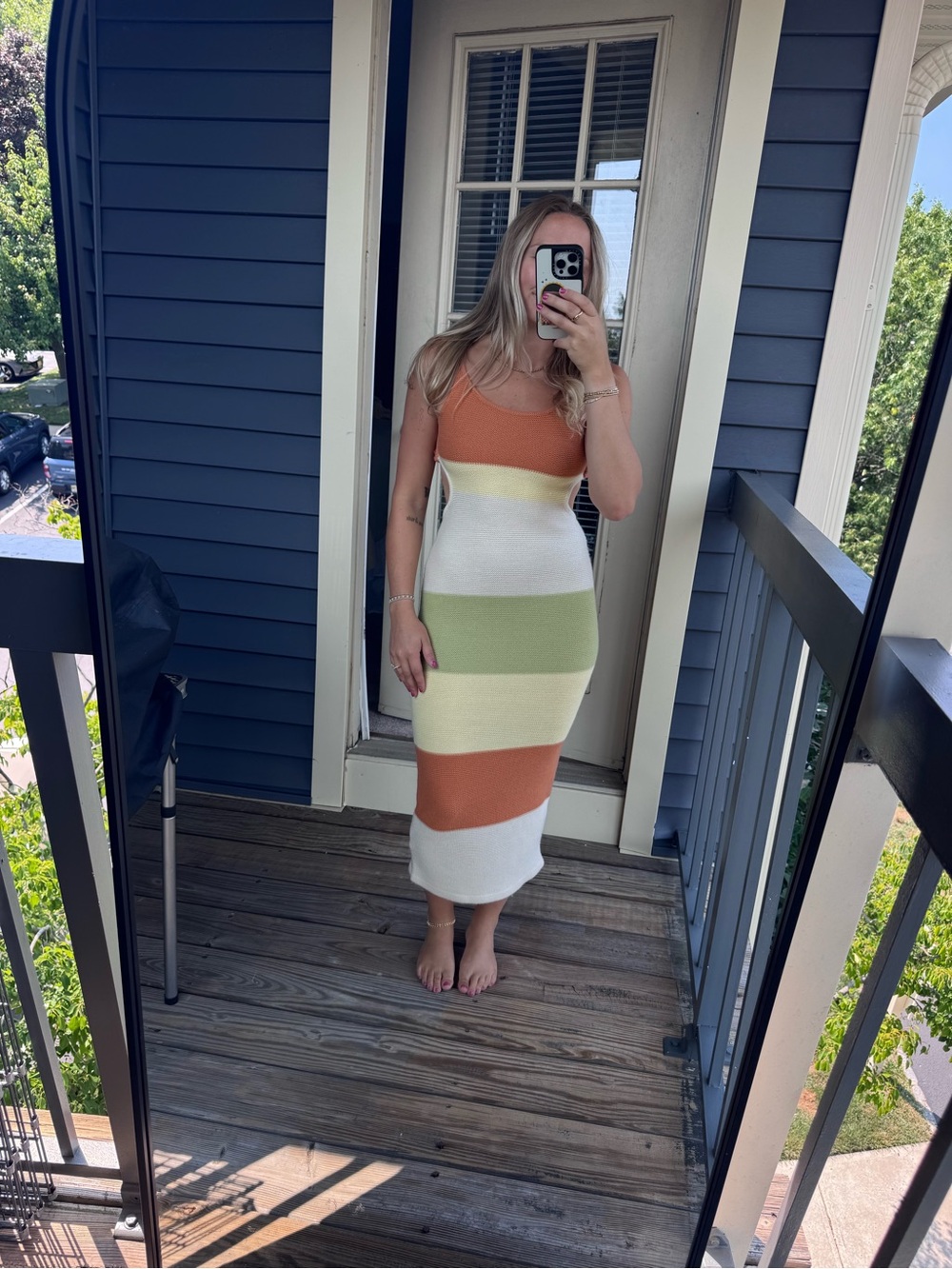 Sleeveless Striped Knit Midi Dress in Orange, Green & Cream